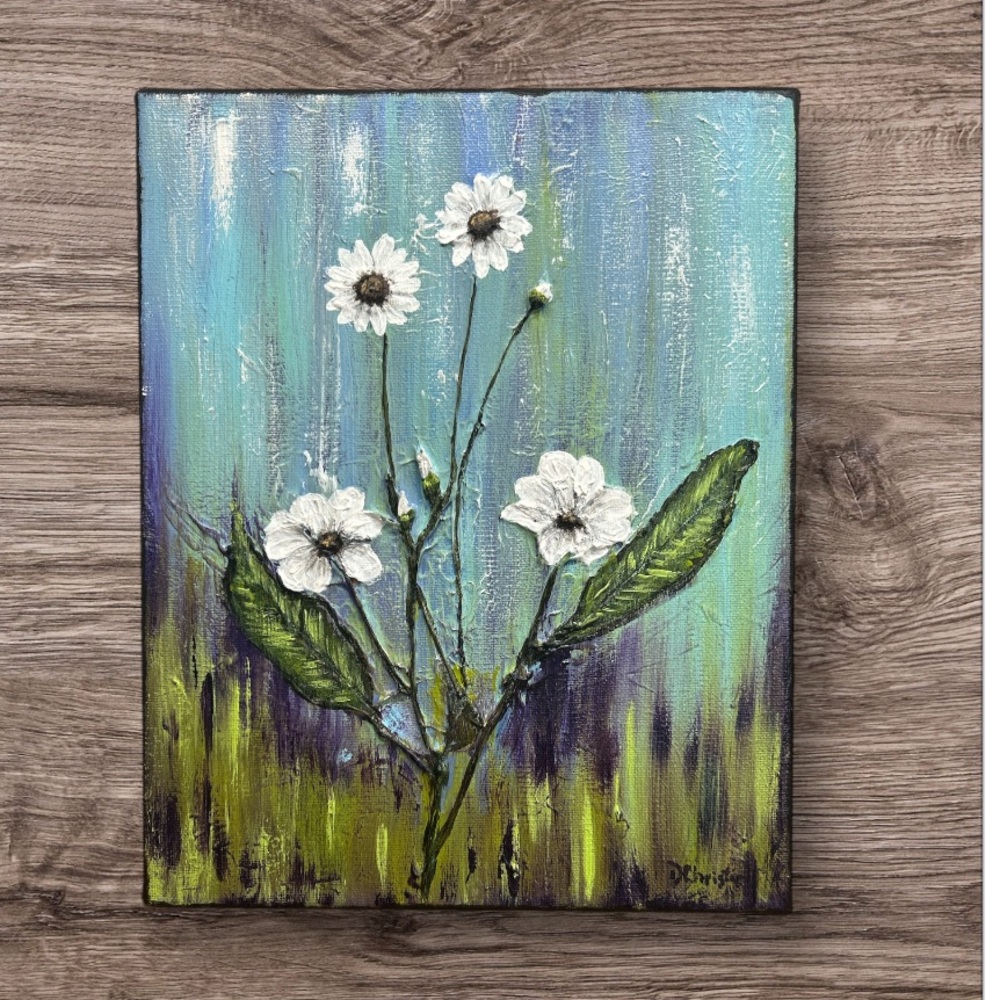 Danielle Christie Mixed Media Hand Painted Wild Daisies On Canvas Art Piece